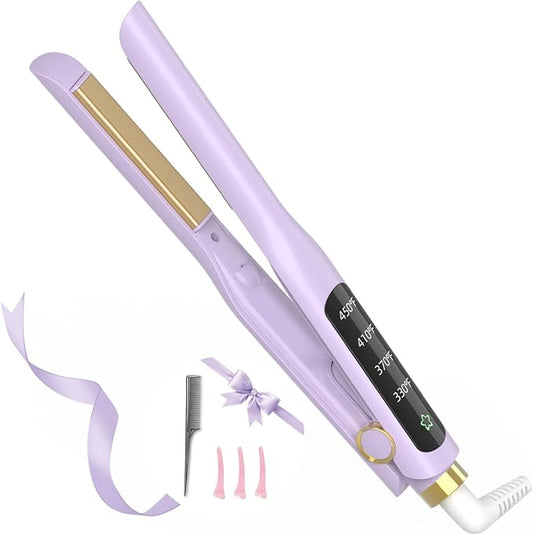 Small Flat Iron, 1/2 Inch Flat Iron for Short Hair Straightener and Curler 2 in 1, Ceramic Ionic Floating Plates for Less Frizz, 10s Quick Heat Up, Straightener for All Hair Types(Purple)