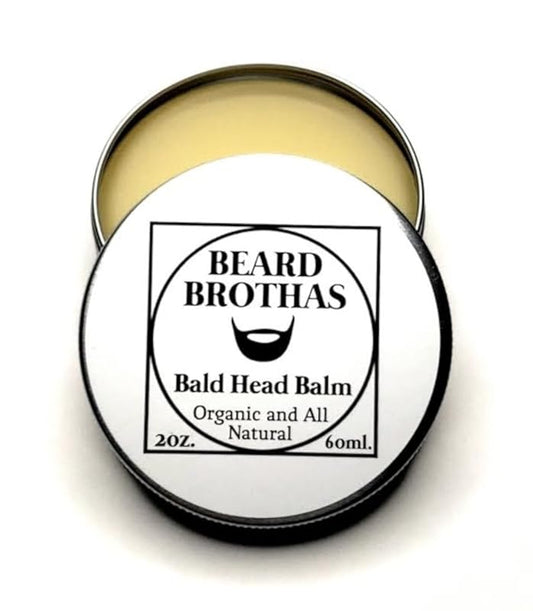 Bald Head Balm Moisturizer. Organic Cold Pressed Unrefined Argan & Jojoba Oil. Shea Butter, Cocoa butter, & Bees Wax for Lasting Shine & Protection. All Natural and Handcrafted for Freshness.