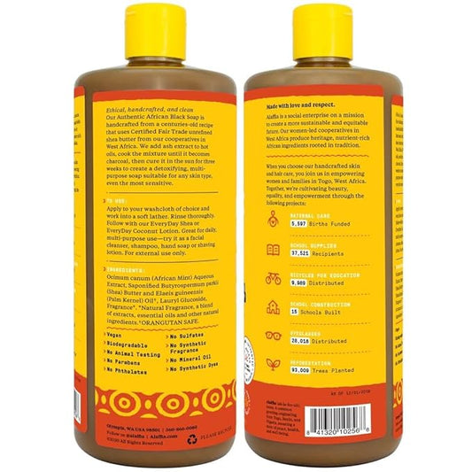 Alaffia Authentic African Black Soap Variety 2-Pack – All-In-One Liquid Soap, Travel-Size Eucalyptus Tea Tree + Full-Size Citrus Ginger Body Wash, Face Wash, Shampoo, Shaving Soap