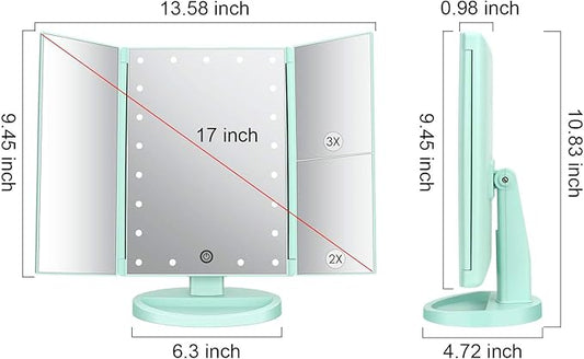 deweisn Tri-Fold Lighted Vanity Mirror with 21 LED Lights, Touch Screen and 3X/2X/1X Magnification, Two Power Supply Mode Make up Mirror,Travel Mirror (Green)