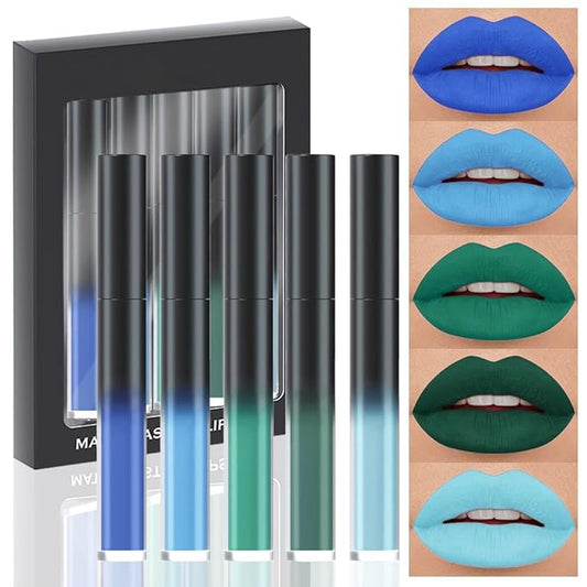 AMY'S DIARY Matte Plum Liquid Lipstick 5Pcs Sets,24-hour Lipstick Light Deep blue green Plum Lip Stain 24 Smudge Waterproof for Women (Set03)