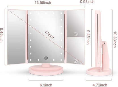 deweisn Tabletop Mount Tri-Fold Lighted Vanity Mirror with 21 LED Lights, Touch Screen and 3X/2X/1X Magnification, Two Power Supply Modes Make Up Mirror,Travel Mirror