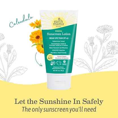 Earth Mama Baby Mineral Sunscreen Lotion SPF 40 | Reef Safe, Non-Nano Zinc, Natural Water Resistant Sun Cream for Babies, Kids & Adults, 3-Ounce