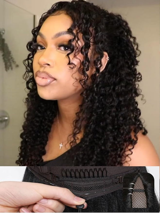Beauty Forever V Part Curly Wig Human Hair EasiContour Vpart Wigs No Leave Out Glueless Upgraded U Part Wigs for Women Clip In Half Wig None Lace Front Wigs Natural Color 150% Density 14inch