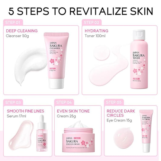 Sakura Skincare Kit for Teenage Girls Women, 5Pcs Skin Care Travel Present Set with Cleanser, Toner, Serum, Eye Cream, Face Cream