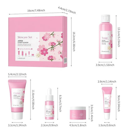 Cherry Blossoms Skin Care Sets, 5 PCS Routine Facial Skin Care for Women Teens Girls, Beauty Gifts Sets, Glow Up, Moisturizing, Even Skin Tone, for All Skin Type