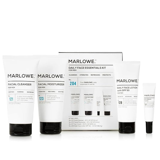 Mens Skin Care Set, No. 204 Daily Essential Face Kit, No. 121 Facial Cleanser, No. 123 Facial Moisturizer, No. 127 Eye Cream, No. 128 Daily Face Lotion with SPF 50, Great Gift for Men