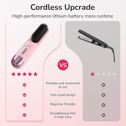 Cordless Hair Straightener Brush 300 Million Negative Ionic Portable Hair Straightener Comb for Women with 4 Temps Fast Heating MCH Ceramic Coating Smooth Frizz - Free Hair Pink