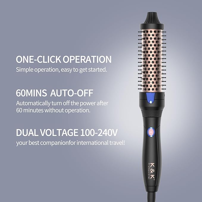 K&K Ceramic Tourmaline Ionic 1.25 Inch Heated Curling Brush - Volumizing Hot Brush for Root Volume, Loose Curls and Styling