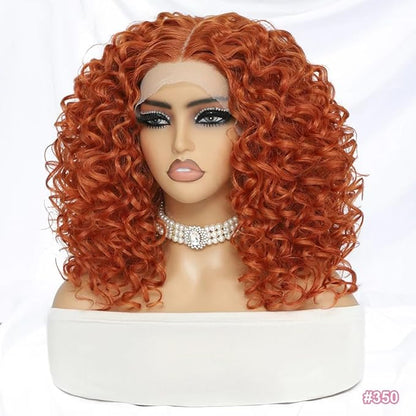 Felek 16inch Middle Part Curly Lace Front Wigs Jerry Curl Lace Wig Ginger Orange T Lace Front Curly Synthetic Pre-Plucked Deep Curly Wigs For Black Women(#350)