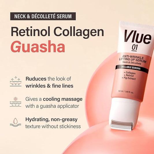 VLUE Retinol Guasha Neck Firming Cream - Anti-Aging Collagen & Fig Extract Moisturizer for Wrinkles & Sagging Skin, Hydrating & Lifting Neck & Décolleté Serum, Korean Skincare, 1.69 fl. oz.