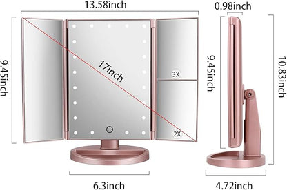deweisn Dresser Mount Tri-Fold Lighted Vanity Mirror with 21 LED Lights, Touch Screen and 3X/2X/1X Magnification, Two Power Supply Modes Make Up Mirror,Travel Mirror