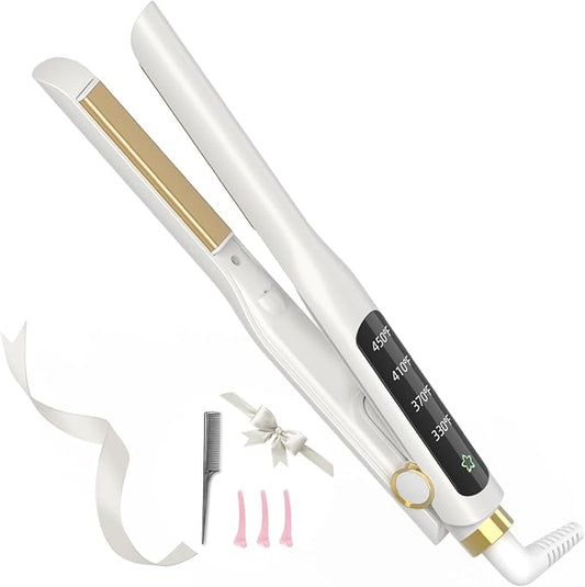Small Flat Iron, 1/2 Inch Flat Iron for Short Hair Straightener and Curler 2 in 1, Ceramic Ionic Floating Plates for Less Frizz, 10s Quick Heat Up, Straightener for All Hair Types(White)