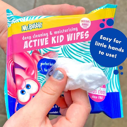 Mr. Bubble Moisturizing Kids Gentle Face and Hand Wipes, Travel Size Biodegradable Deep Cleaning Towelettes Made with Hydrating Aloe Vera and Chamomile (Pack of 12 Pouches, 15 Wipes Each)