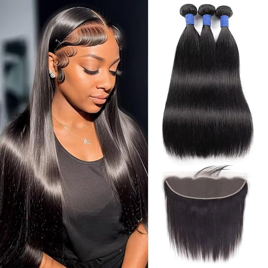 10A Straight Bundles with Frontal 12 14 16 with 10 Inch Human Hair Bundles with Closure 100% Unprocessed Brazilian Virgin Human Hair Weave 3 Bundles with Frontal HD Lace