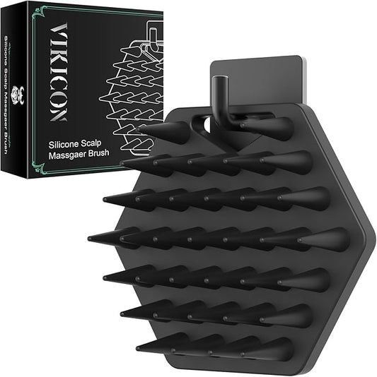 VIKICON Silicone Scalp Massager & Shampoo Brush - Hair & Beard Exfoliator Scrubber for Hair Growth, Reduces Dandruff - Wet/Dry Shower Head Massager - Gift for Men Women All Hair Types & Includes Hook
