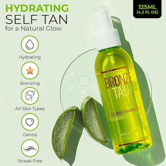 Bronze Tan Self Tanning Water Spray For Face | Hydrating Self Tan Water for a Natural Sunless Tan | Self Tanner Ideal for All Skin Types | Buildable Fake Tan 125ml(4.2 fl oz)