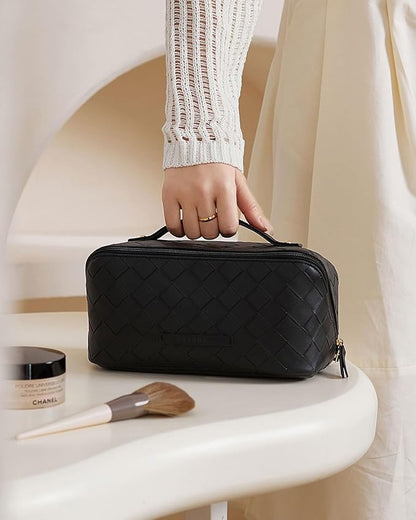 EACHY Travel Makeup Bag,Large Capacity Cosmetic Bags for Women,Waterproof Portable Pouch Open Flat Toiletry Bag Make up Organizer with Divider and Handle