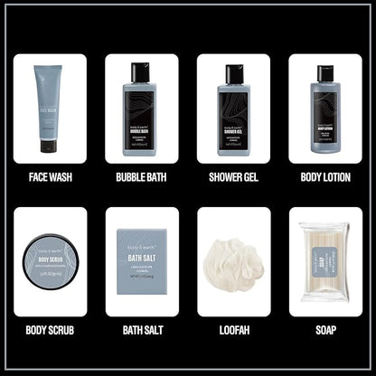 Gift Baskets for Men Body Wash Set Body & Earth Leathers Mens Bath Set with Body Lotion, Face Wash, Shower Gel, Bubble Bath, Loofah & More, Birthday Gifts for Men,regalos para hombre,Christmas Gifts
