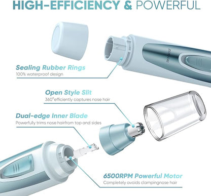 Ear and Nose Hair Trimmer Clipper - 2025 Professional Painless Eyebrow & Facial Hair Trimmer for Men Women, Battery-Operated Trimmer with IPX7 Waterproof, Dual Edge Blades for Easy Cleansing Blue