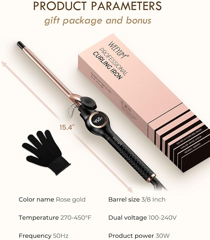 Small Curling Iron 3/8 Inch Barrel, Tiny Curling Wand for Short Hair, 9mm Thin Curling Iron Ceramic Tourmaline