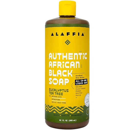 Alaffia Authentic African Black Soap, Eucalyptus Tea Tree – All-in-One Moisturizing Cleanser for Face, Hands, Body & Hair, 32 Oz Ea