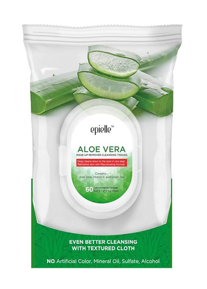 Epielle Aloe Vera Makeup Remover Cleansing Wipes | 60 Count, 2-Pack | Gentle Towelettes for All Skin Types | Ideal for Beauty Gifts, Spa Days & Gift Sets | Korean Skincare