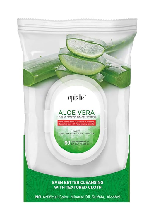 Epielle Aloe Vera Makeup Remover Cleansing Wipes | 60 Count, 2-Pack | Gentle Towelettes for All Skin Types | Ideal for Beauty Gifts, Spa Days & Gift Sets | Korean Skincare