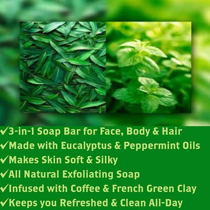 Olivia Care Coffee Exfoliating Bar Soap 3-In-1 Pack Multi Use for Hair, Face & Body 100% Natural & Organic – Infused with Eucalyptus & Mint Essential Oils- Deep Clean, Hydrating - 2 X 5 OZ