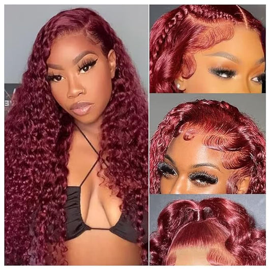 CHEETAHBEAUTY 99J Burgundy Deep Wave 13X6 HD Transparent Lace Front Wig Human Hair Brazilian Virgin Human Hair Wigs for Black Women Deep Curly Wigs Pre Plucked with Baby Hair 250% Density(26inch)