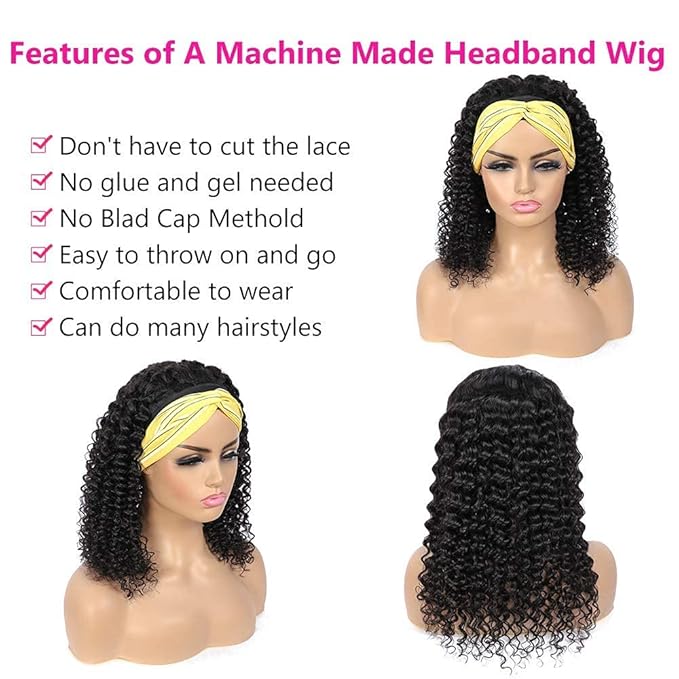 10 Inch Curly Headband Wig Human Hair Natural Color Glueless Headband Wigs for Women None Lace Front Wigs With Headband Attached Human Hair Wigs