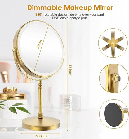 Lighted Makeup Mirror, 3000 mAh Rechargeable Double Sided Magnifying Vanity Mirror with 3 Colors, 1x/10x, 360° Rotation , Brightness Adjustable Magnification Cosmetic Light up Mirror, Women Gift