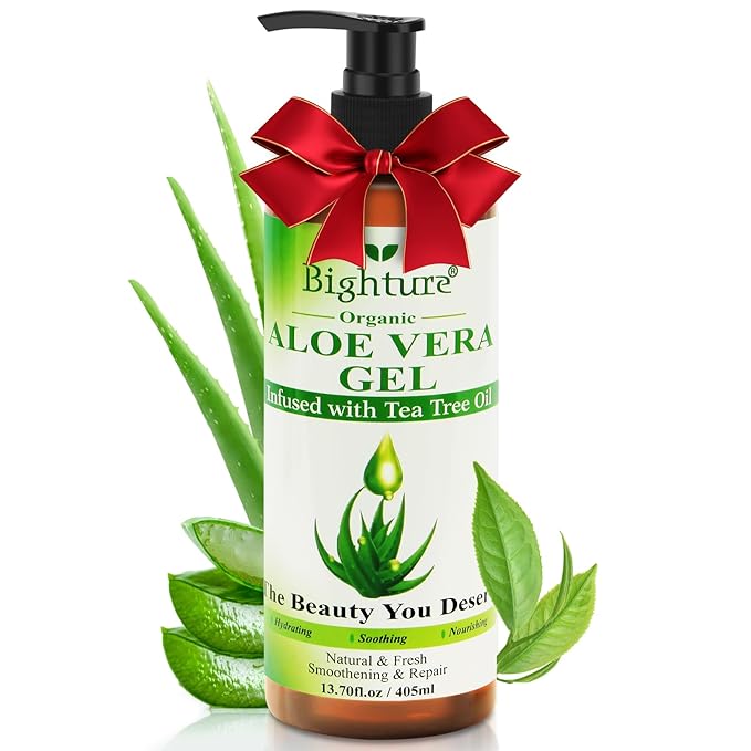 Aloe Vera Gel with Tea Tree Oil for Face, Skin, Hair, Sunburn relief, Organic Aloe Vera Gel from Freshly cut 100% Pure Aloe,13.7oz