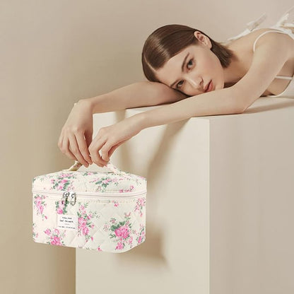 Makeup Bag, 3 Pcs Cotton Floral Quilted Makeup Bag Set, Large Toiletry Travel Cosmetic Bag for Women
