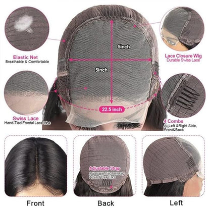 5x5 HD Lace Closure Wigs Human Hair 5x5 Body Wave Closure Wig for Women Virgin Human Hair Pre Plucked with Baby Hair 180% Density 5x5 Closure Wig True to length Natural Color 22 inch