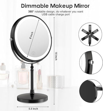 Lighted Makeup Mirror, 3000 mAh Rechargeable Double Sided Magnifying Vanity Mirror with 3 Colors, 1x/10x, 360° Rotation , Brightness Adjustable Magnification Cosmetic Light up Mirror, Women Gift