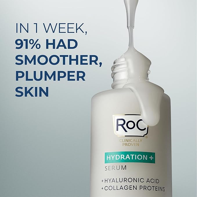 RoC Hydration+ Hyaluronic Acid Serum for Face, Hydrating, Plumping, Fragrance Free, Lightweight Formula with Collagen Proteins (1 Ounce) with Retinol Eye Cream Packette