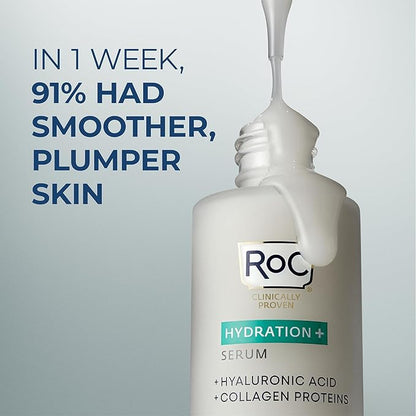 RoC Hydration+ Hyaluronic Acid Serum for Face, Hydrating, Plumping, Fragrance Free, Lightweight Formula with Collagen Proteins (1 Ounce) with Retinol Eye Cream Packette