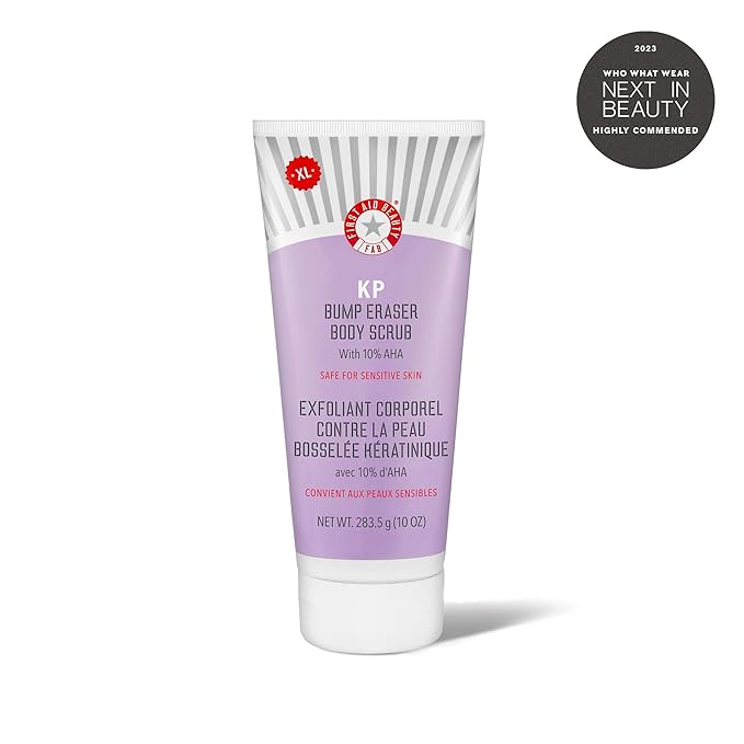 First Aid Beauty - KP Bump Eraser Body Scrub with 10% AHA, Keratosis Pilaris Skin Exfoliater with Glycolic and Lactic acids, Helps Reduce Chicken Skin Bumps, Safe for Sensitive Skin, 10 oz