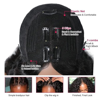 Beauty Forever Small Cap Curly V Part Wig Human Hair No Leave Out Lace Front Wigs No Glue No Gel Upgraded U Part Wigs For Women, 10A Grade Glueless Wig Wear And Go Beginner Friendly 5X2.5 Inch Lace Wig 150% Density Natural Color 24 Inch