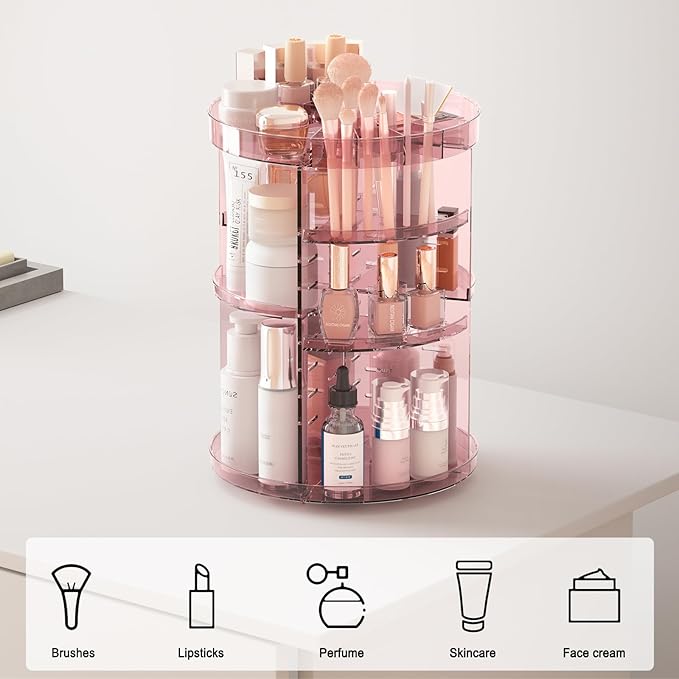 360 Rotating Makeup Organizer with Lipstick Slots, 8 Adjustable Layers Spinning Skincare Organizers, Large Capacity Desk Storage, Carousel Cosmetic Shelf for Vanity Bathroom Countertop