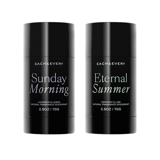 Each & Every Aluminum Free Deodorant for Women & Men, Lavender & Lemon + Coconut & Lime - All Natural Deodorant for Sensitive Skin, EWG Verified - Clean, Baking Soda-Free, Plant-Based - 2.5oz, 2 Pack