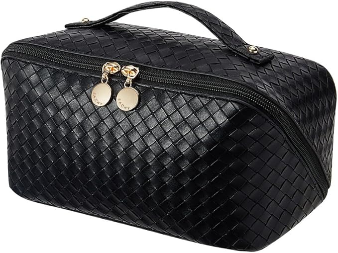 EACHY Travel Makeup Bag,Large Capacity Cosmetic Bags for Women,Waterproof Portable Pouch Open Flat Toiletry Bag Make up Organizer with Divider and Handle