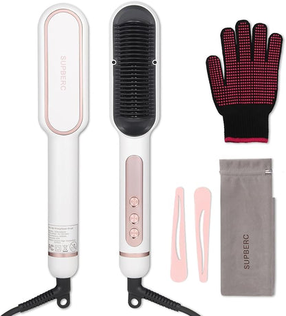 Negative Ionic Hair Straightener Brush with 9 Temp Settings, 30s Fast Heating Hair Straightening Comb with LED Display, Anti-Scald & Auto-Shut Off Hair Brush Straightener for Women (White)