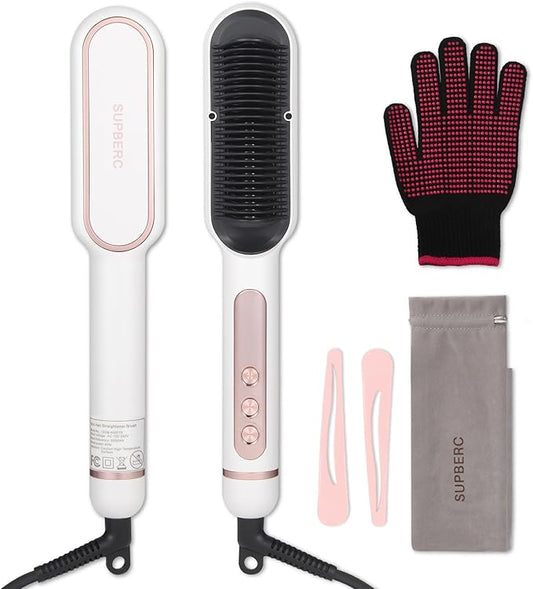 Negative Ionic Hair Straightener Brush with 9 Temp Settings, 30s Fast Heating Hair Straightening Comb with LED Display, Anti-Scald & Auto-Shut Off Hair Brush Straightener for Women (White)