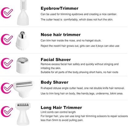 Electric Razor For Women Removal for Body Nose Hair Trimmer Face Shavers Eyebrow Legs Armpit Bikini Area Pubic Underarms Painless Rechargeable Portable 5 in 1 Womens Razors Set