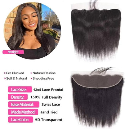 10A Straight Bundles with Frontal 10 12 14 with 10 Inch Human Hair Bundles with Closure 100% Unprocessed Brazilian Virgin Human Hair Weave 3 Bundles with Frontal HD Lace