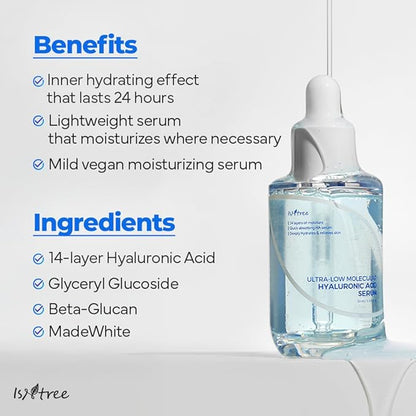 ISNTREE Ultra-low Molecular Hyaluronic Acid Serum 50ml, 1.69 fl.oz | Korean Skincare | Quick Absorbing | Deep Hydration & Skin Smoothing | Vegan Skincare