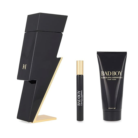 Carolina Herrera Bad Boy 3-Piece Set for Men, (3.4 Oz Eau De Toilette Spray + 3.4 Oz Shower Gel + 0.33 Oz Travel Spray)