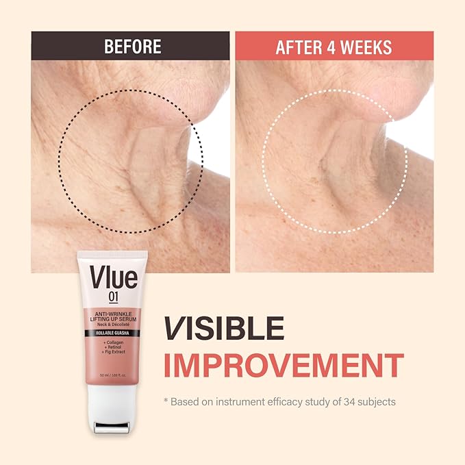 VLUE Retinol Guasha Neck Firming Cream - Anti-Aging Collagen & Fig Extract Moisturizer for Wrinkles & Sagging Skin, Hydrating & Lifting Neck & Décolleté Serum, Korean Skincare, 1.69 fl. oz.